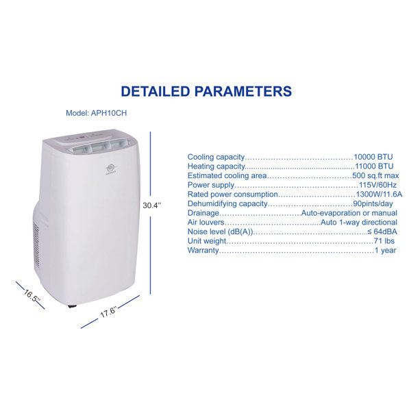 Airemax 10000 BTU BTU Portable Air Conditioner with Heater and Remote